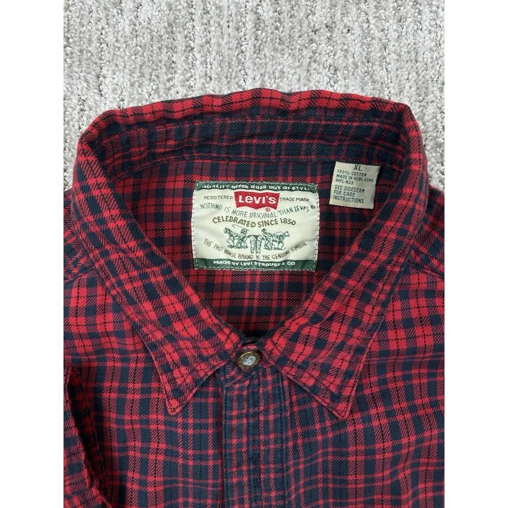 Vtg Levi's Mens Long Sleeve Plaid Flannel Shirt Red 100% Cotton XL Metal Buttons